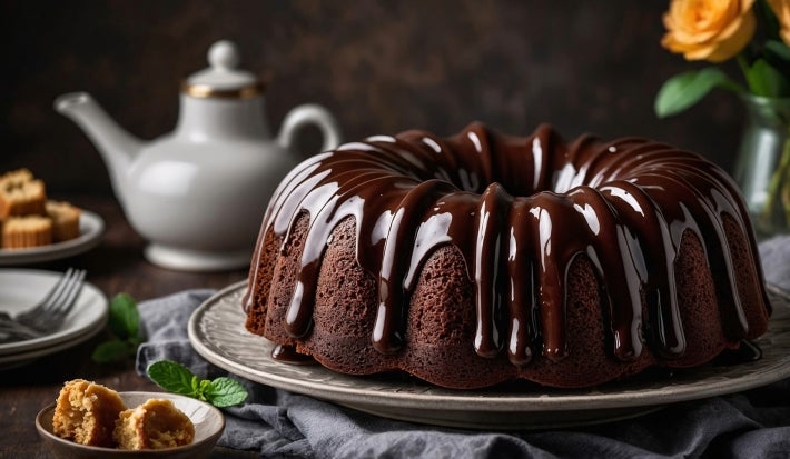 Bolo de chocolate Bundt é o destaque, coberto com um brilho de chocolate que escorre pelas laterais. Ele está em um prato decorativo sobre um tecido escuro, com um bule de cerâmica e flores ao fundo.