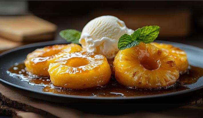 Fotografia de um prato raso preto grande com algumas rodelas de abacaxi caramelizado com calda de caramelo por baixo. No centro tem duas bolas de sorvete de creme com folhas de hortelã.