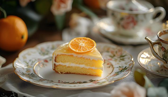 Fotografia de uma receita de bolo chiffon sobre um prato branco com a borda decorada. Por cima do bolo tem uma rodela de laranja com um creme de moça no recheio de na cobertura.