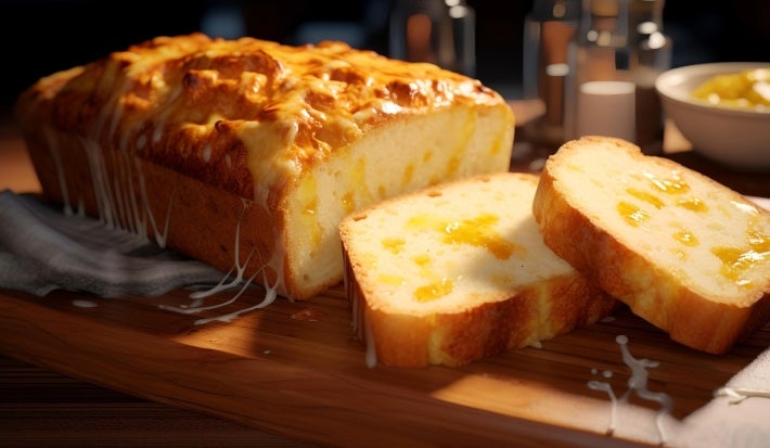 Fotografia de um bolo de queijo recém-assado, com crosta dourada e queijo derretido, exibido em uma tábua de madeira. O interior é macio e fofo, sugerindo um ambiente acolhedor e caseiro.
