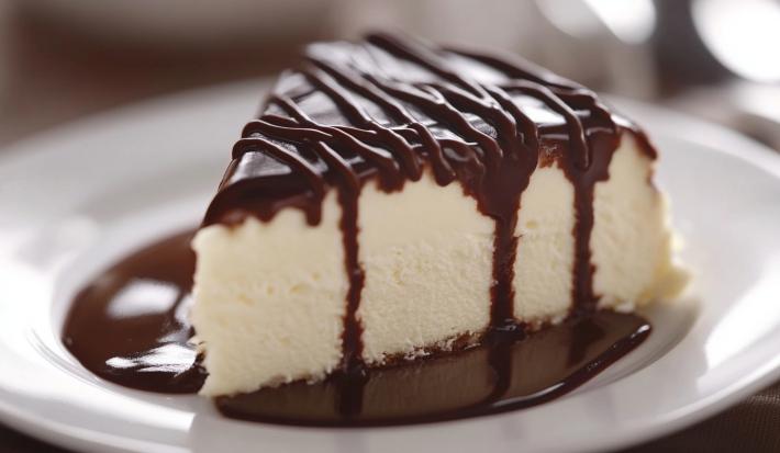 Fotografia mostra uma fatia de torta sorvete com camadas bem definidas de ganache de chocolate e sorvete cremoso.