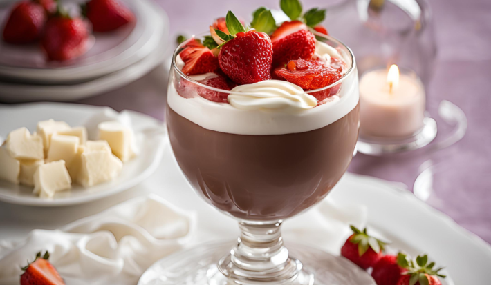 Fotografia mostra uma taça de vidro com camada de chocolate ao leite, chocolate branco e morango.
