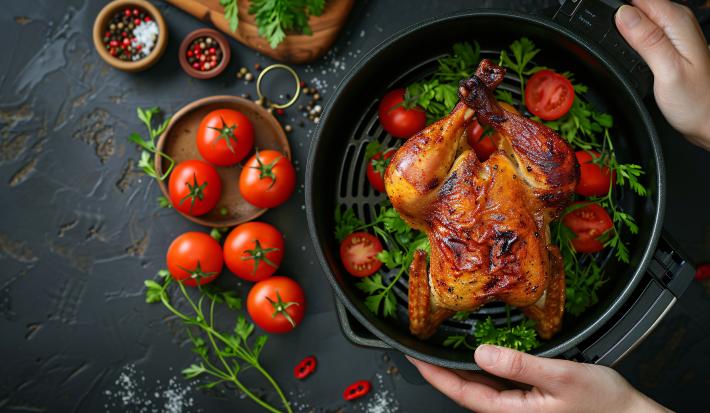Fotografia em tons de vermelho com um cesto de air fryer ao centro. Dentro do cesto existe uma receita de frango assado acompanhada de folhas e tomates