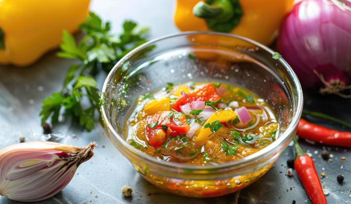 Fotografia de um recipiente fundo pequeno de vidro com um molho com anchovas, vinagre, cebola e pimentão. O recipiente está sobre uma mesa preta com legumes em volta, pimenta, cheiro verde e cebola roxa.