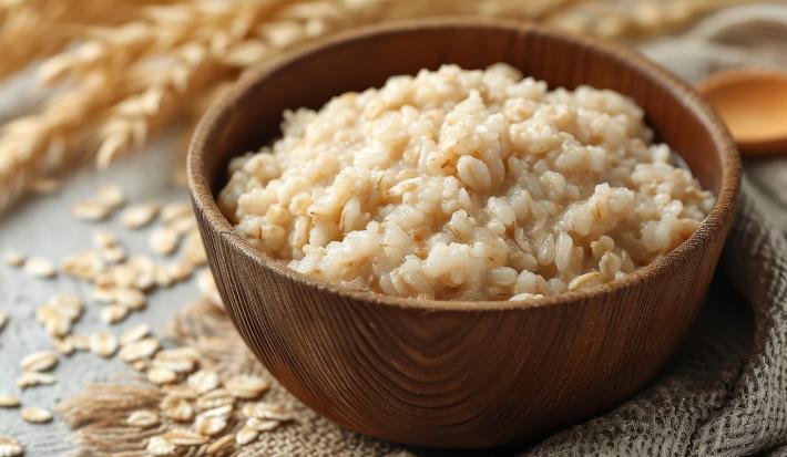 Fotografia em tons de marrom em uma bancada de madeira com um pote redondo marrom ao centro e arroz doce de aveia dentro. Ao fundo, aveia natural e um paninho marrom com uma colher de pau
