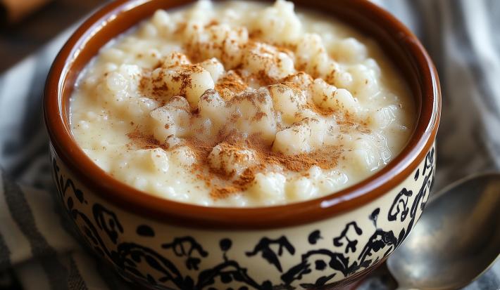 Imagem de um bowl rústico com a receita de arroz doce cremosa polvilhada com canela em pó.