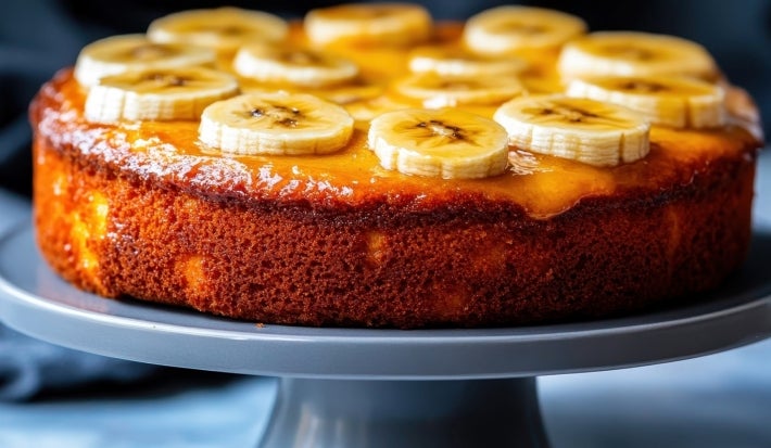 Bolo dourado e macio, coberto com fatias de banana e uma calda brilhante de caramelo ou banana, que realça seu aspecto apetitoso. O bolo está posicionado em um suporte cinza, com fundo desfocado que destaca a textura e o brilho da calda.