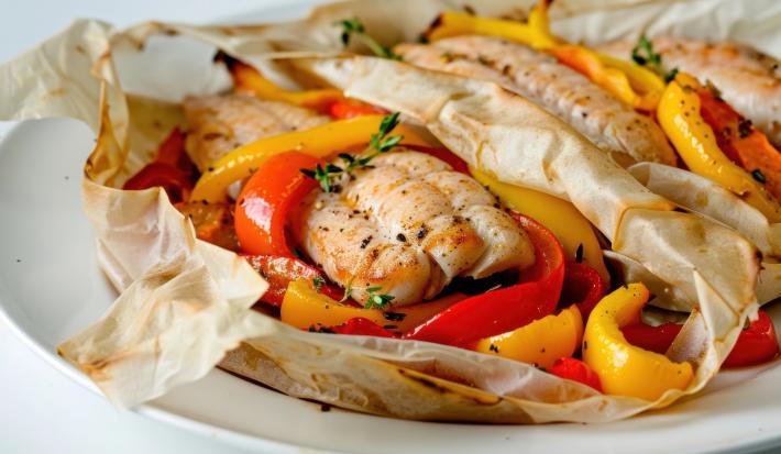 Fotografia de um filé de peixe no papillote com legumes por baixo cortados em fatias. Na fotografia são dois papillotes de peixe com legumes, um do lado do outro sobre um prato branco de vidro.