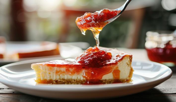 Fotografia de uma fatia de cheesecake sobre um prato de vidro branco raso. Por cima da fatia tem uma geleia de cupuaçu sendo jogada e caindo de uma colher de sopa.