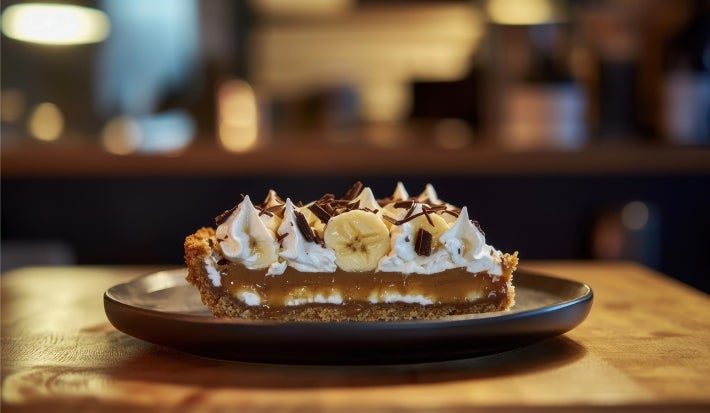 Em cima de uma mesa, prato com fatia de banoffee com massa crocante, doce de leite com chantilly, decorado com chantilly, bananas em rodelas e raspas de chocolate.