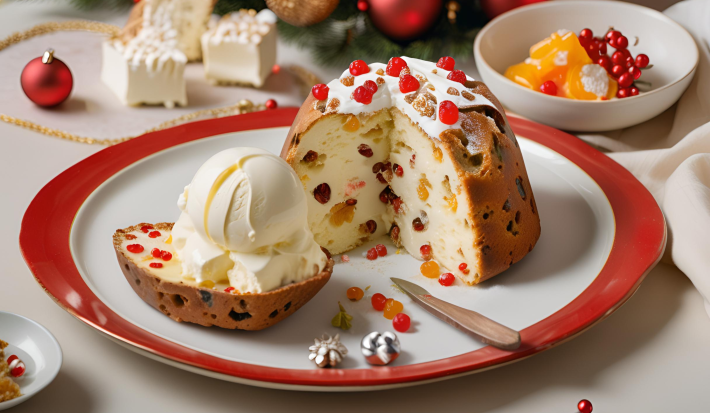Receita de Panettone Encantado com Sorvete Gelado, servido em fatias, coberto com sorvete de creme, decorado com chantilly, frutas secas e polvilha com açúcar, tudo sobre uma mesa natalina