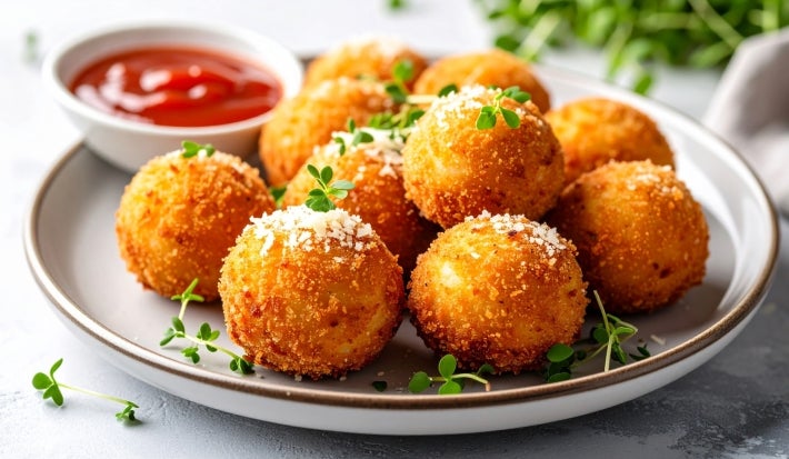 Em cima de uma mesa, prato cinza com porção de bolinho dourado e crocante, polvilhado com queijo ralado.