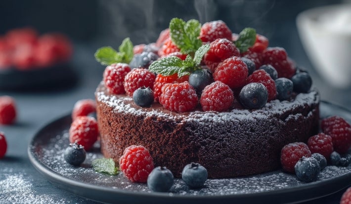 Fotografia de um bolo de chocolate elegantemente apresentado, coberto com framboesas frescas e polvilhado com açúcar de confeiteiro, em um prato escuro. O fundo desfocado destaca a sofisticação.