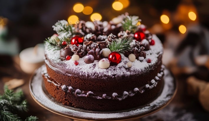 Fotografia de um bolo de chocolate decorado para o Natal, com duas camadas, recheio de creme e coberto com açúcar de confeiteiro. Adornado com frutas vermelhas, folhas verdes e nozes, cria um visual festivo e acolhedor.