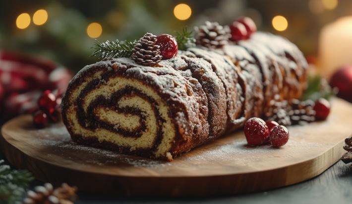 Fotografia mostra a sobremesa tronco natalino disposto sobre uma travessa de madeira, com textura de madeira feita na cobertura de creme de chocolate. O tronco está decorado com um leve toque de açúcar de confeiteiro que imita neve.