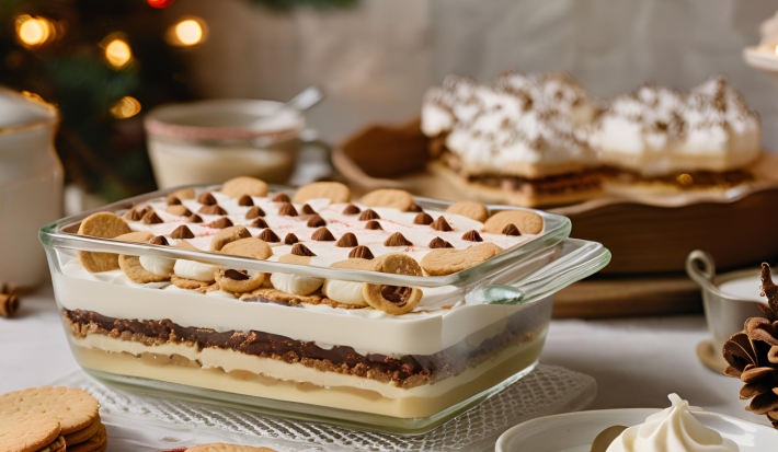 Foto da receita de pavê de natal, servido em uma travessa, em camadas de creme e biscoitos, servido em uma mesa decorada para o natal