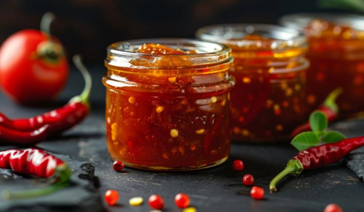 Imagem de três potes de geleia de pimenta e ao lado, pimentas vermelhas.