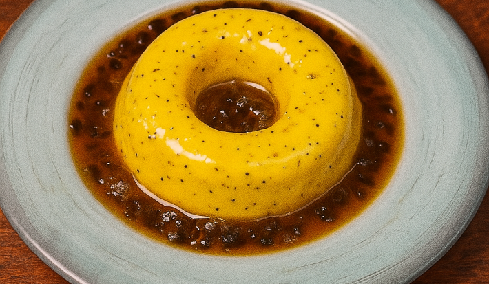 Fotografia em tons de marrom com um prato cinza ao centro. Em cima do prato existe um flan de cor amarela feito com manga e maracujá. Por cima do flan existe uma calda feita com polpa de maracujá