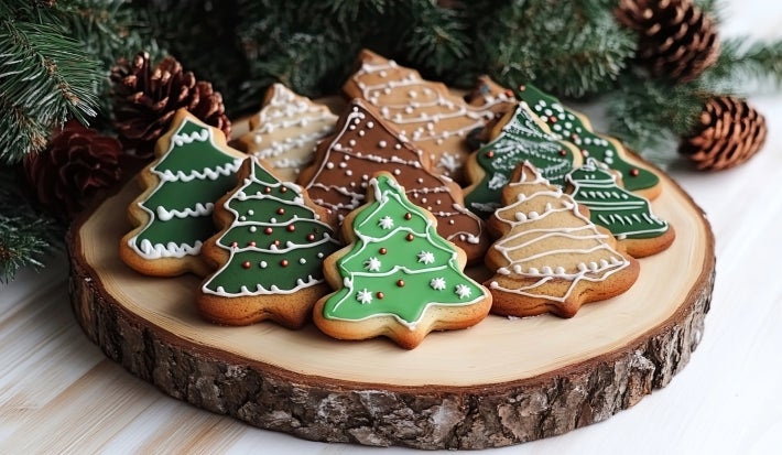 Em cima de uma mesa, prato de madeira com biscoitos em formato de Árvore de Natal, decorados com glacê colorido, chocolate derretido e confeito colorido.