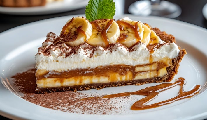 Em cima de uma mesa, prato com fatia de banoffee com massa crocante, doce de leite cremoso, decorado com chantilly, bananas em rodelas e raspas de chocolate e uma folha de hortelã.