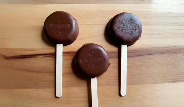 Fotografia em tons de madeira clara. Em cima da mesa existe 3 alfajores de chocolate meio amargo espetados em um palito de picole