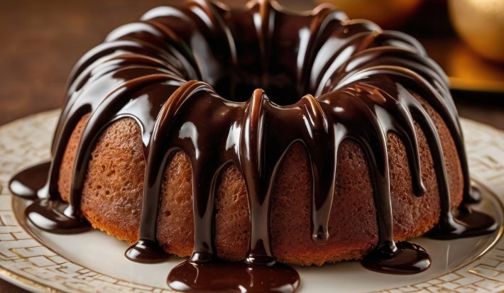 Fotografia de bolo de bundt dourado, apresentado em um prato decorativo. Coberto com um lustroso glacê de chocolate, o bolo é emoldurado por um fundo festivo com esferas douradas.