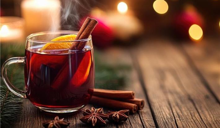 Fotografia de uma xícara de vidro com vinho quente, rodela de laranj e um pau de canela dentro. Ao lado tem três paus de canela e três cravos da índia sobre uma mesa de madeira.