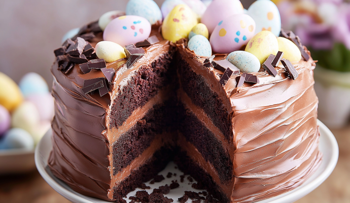 Fotografia mostra um bolo de chocolate recheado com chocolate, coberto com ganache de chocolate e decorado com temática de páscoa.