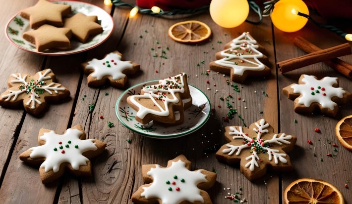 Em cima de uma mesa, prato redondo com biscoitos em forma de árvore de Natal e estrelas, decorados com glacê branco e confeitos de bolinhas coloridas.