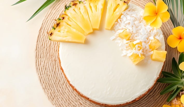 Fotografia de torta de abacaxi vista de cima em tons claros de uma torta inteira feita com massa de bolo. A torta estpa decorada com abacaxis em pedaços e cubos, com coco ralado. Ao redor tem algumas flores amarelas e plantas.