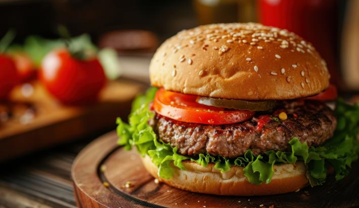 Fotografia em tons mais escuros de um hambúrguer com carne bovina, tomate, alface, pão com gergelim e cebola, e está sobre uma tábua de madeira. Ao fundo tem uma outra tábua de madeira com alguns tomates inteiros.