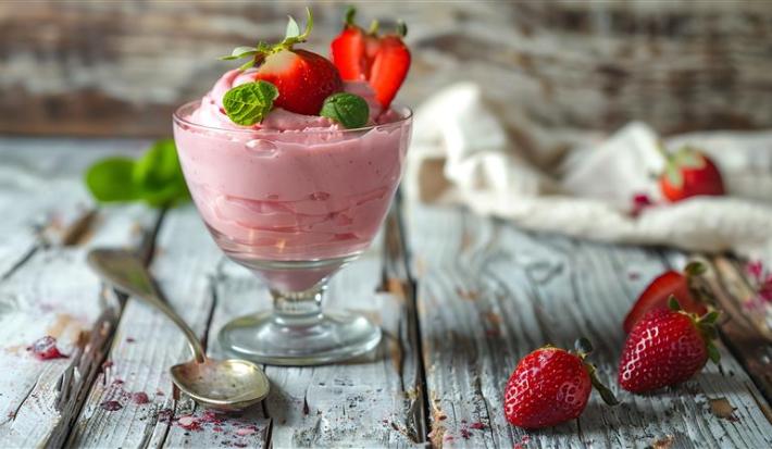 Fotografia em tons de cinza com uma taça de vidro ao centro. Em cima da taça existe uma receita de mousse de morango de cor rosa com vários morangos cortados por cima
