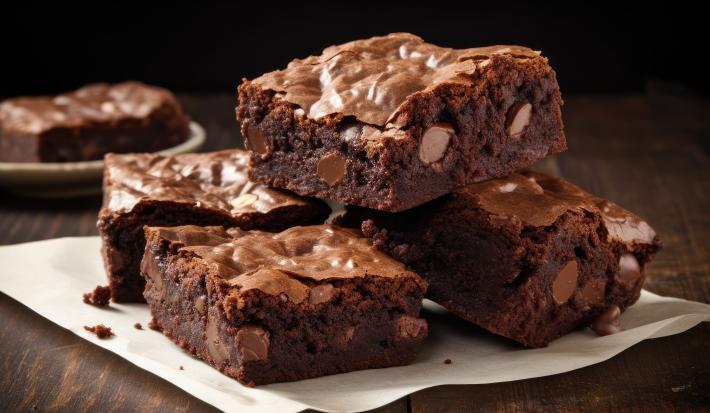 Fotografia de alguns pedaços de brownie com gotas de chocolate sobrepostos, apoiados em uma folha branca, apoiada em uma mesa de madeira.
