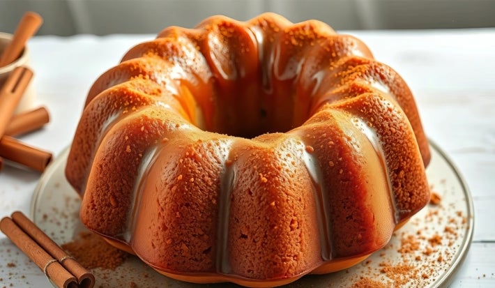 Fotografia de um bolo bundt dourado, colocado em um prato branco. O bolo apresenta uma textura úmida e é acompanhado por canela e uma xícara de bebida quente.