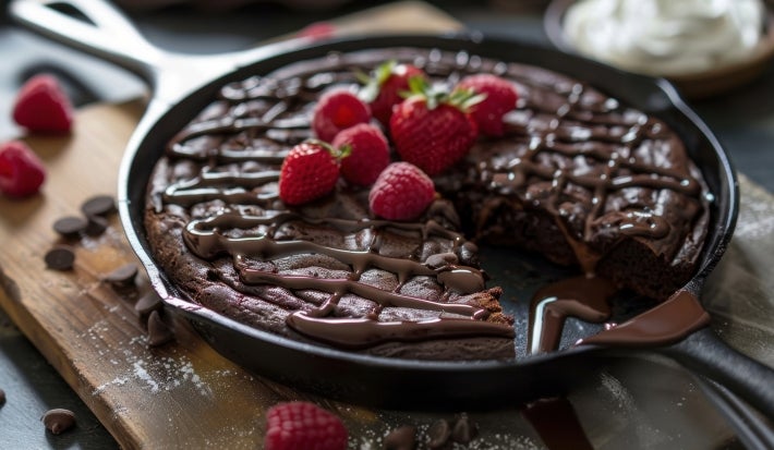 Fotografia de um bolo de chocolate em uma frigideira de ferro fundido, coberto com chocolate derretido e decorado com framboesas frescas, sobre uma tábua de madeira polvilhada com açúcar de confeiteiro.