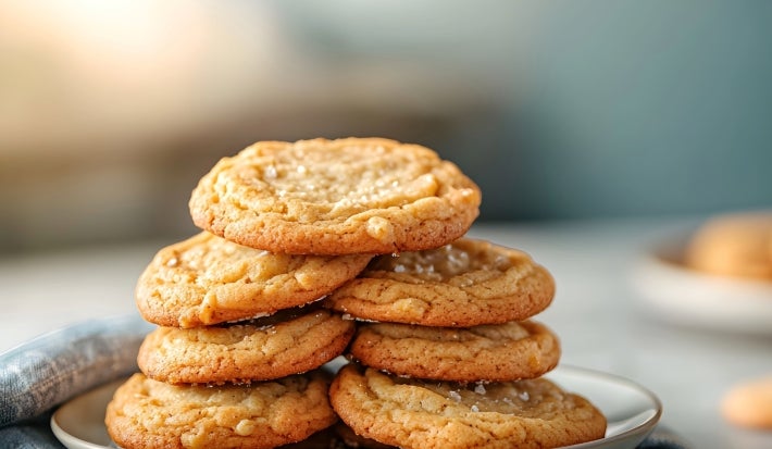 Em cima de uma mesa, prato branco com biscoitos redondos crocantes enfileirado em cima do outro.