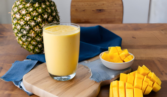 Fotografia de um copo de vidro com smoothie de iogurte, manga e abacaxi. O copo está sobre uma mini tábua de madeira, ao lado de dois recipientes brancos pequenos com pedaços de manga. No fundo tem um abacaxi inteiro sobre um pano azul escuro.
