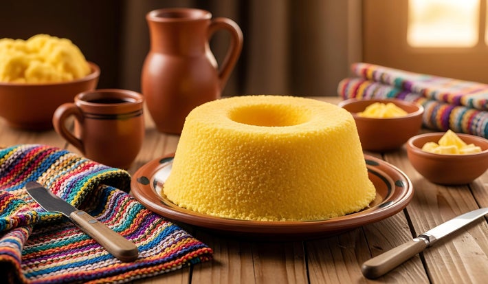 imagem mostra um cuscuz nordestino de milho amarelo em formato redondo ovalado.
