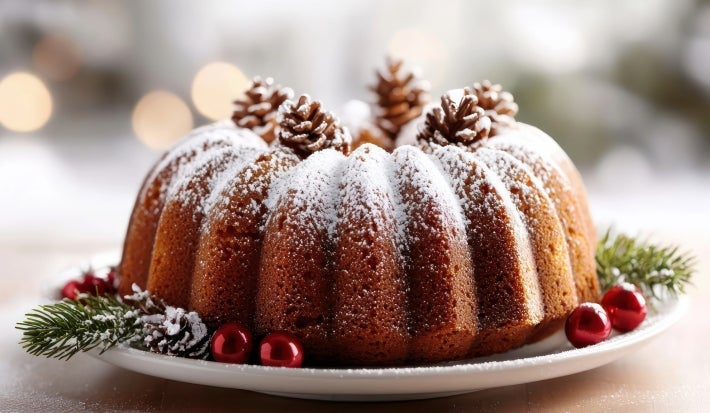 Fotografia de um bolo de Natal em um prato branco, coberto com açúcar de confeiteiro e decorado com pinhas e ramos de pinheiro. O fundo desfocado apresenta luzes quentes.