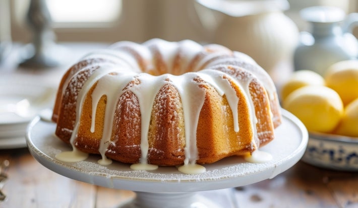 Fotografia de um bolo bundt dourado em um suporte branco, coberto com glacê branco e polvilhado com açúcar de confeiteiro. O fundo apresenta um bowl com limões amarelos.