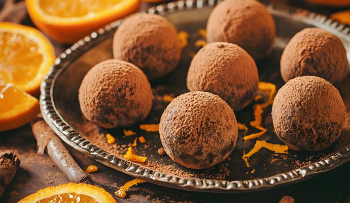 Fotografia mostra Pequenas bolinhas de trufa de chocolate cobertas por uma camada generosa de cacau em pó, ao lado rodelas de laranja.