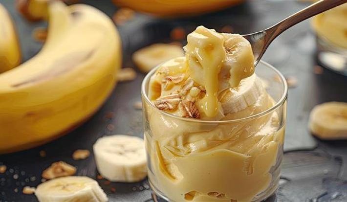 Fotografia de um recipiente de vidro pequeno com uma sobremesa de banana. O recipiente está sobre uma mesa preta com rodelas de bananas e bananas inteiras.