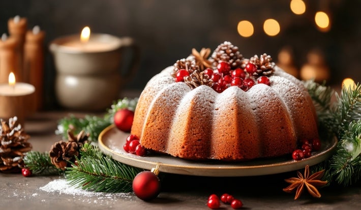 Fotografia de um bolo de Natal em um prato redondo, polvilhado com açúcar de confeiteiro e adornado com frutas vermelhas e pinhas. Velas acesas ao fundo proporcionam um ambiente aconchegante.