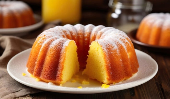 Fotografia de um bolo bundt dourado, polvilhado com açúcar de confeiteiro, apresentado em um prato branco. A fatia cortada revela um interior macio e fofo.