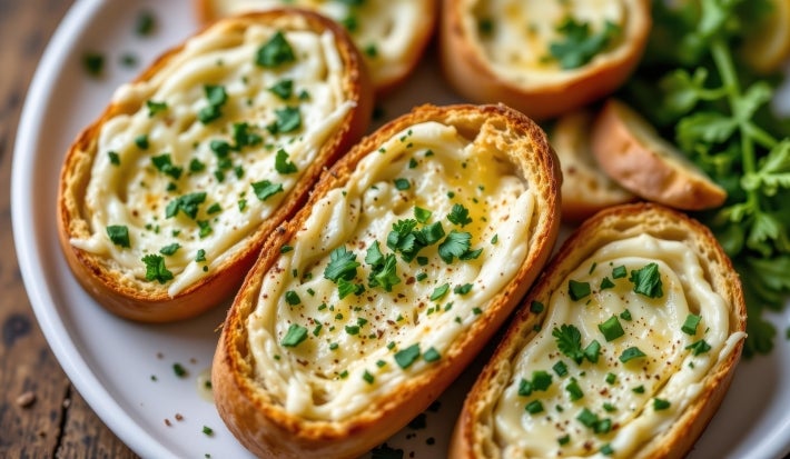 Fotografia em tons claros de três torradas no foco da imagem com um creme de parmesão e cebolas em cada, salpicadas com salsinha.