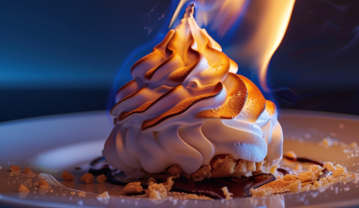 Sobremesa Baked Alaska com merengue dourado maçaricado em prato preto e fundo escuro iluminado