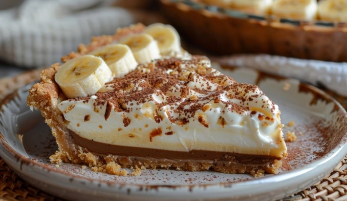 Em cima de uma mesa, fatia de banoffee com massa de biscoitos crocante, doce de leite, decorado com chantilly cremoso, banana em rodelas e cacau em pó.