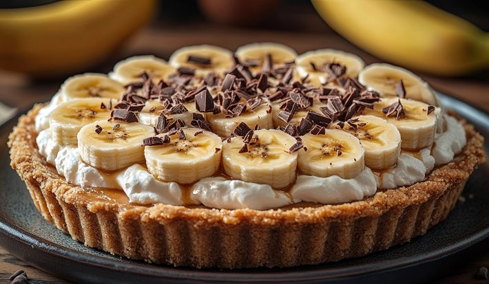 Em cima de uma mesa, banoffee com massa de biscoitos crocante, chantilly cremoso, bananas em rodelas, polvilhado com rapas de chocolate.