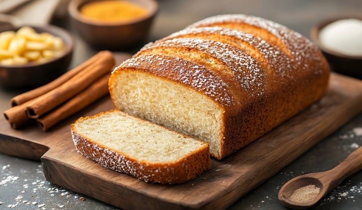 Fotografia de um bolo recém-assado em uma tábua de madeira, com uma crosta dourada e polvilhada com açúcar. Ao fundo, especiarias e ingredientes em pequenas tigelas.