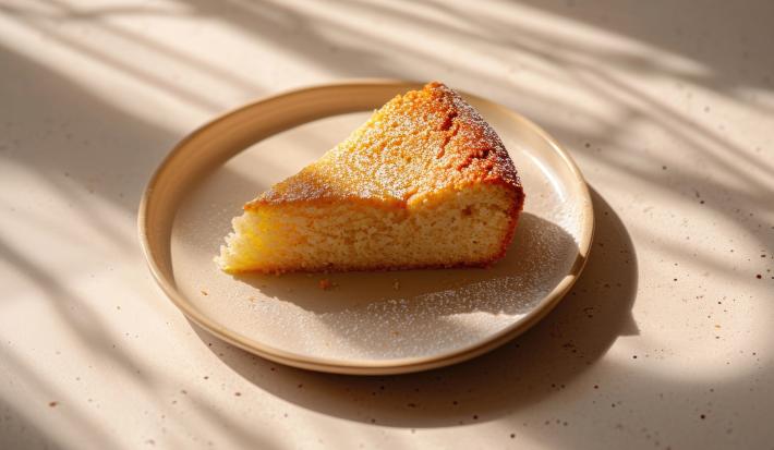 Fotografia de um pedaço de bolo de mel polvilhado com açúcar de confeiteiro, que está sob a luz do sol, apoiado em um prato na cor bege. O bolo está sobre uma mesa branca.